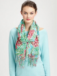 Fringe trim lends charm to this silk-cashmere scarf made from a luxurious combination of silk and cashmere.About 28 X 82Silk/cashmereDry cleanImported Fringe trim lends charm to this silk-cashmere scarf made from a luxurious combination of silk and cashmere.About 28 X 82Silk/cashmereDry cleanImported