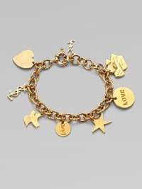 A sweet design with iconic logo charms on a link chain. Goldtone tin and brassLength, about 6Spring clasp closureMade in Italy A sweet design with iconic logo charms on a link chain. Goldtone tin and brassLength, about 6Spring clasp closureMade in Italy