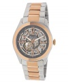 A classic steel men's watch upgraded with rose-gold tones and an intriguing skeleton dial, by Kenneth Cole New York.