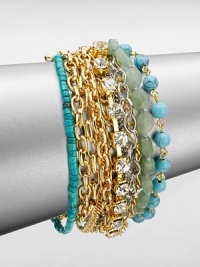 Variety is the spice of life and this pretty multi-row design fits the bill with colorful semi-precious stones and beads. Reconstituted turquoise, green jade, glass stones and beadsAntique-finished 12k goldplatedLength, about 8Spring ring closureImported Variety is the spice of life and this pretty multi-row design fits the bill with colorful semi-precious stones and beads. Reconstituted turquoise, green jade, glass stones and beadsAntique-finished 12k goldplatedLength, about 8Spring ring closureImported