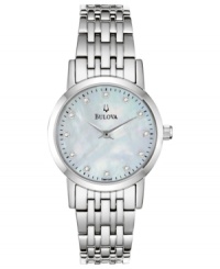 A delicate dress watch from Bulova with elegant diamonds and silver tones. A delicate dress watch from Bulova with elegant diamonds and silver tones.
