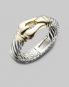 From the Buckle Collection. A cabled belt for your wrist, this smart, sleek design is cast in sterling silver with accents of 18k gold. Sterling silver and 18k yellow gold Diameter, about 2¼ Width, about ¾ Hinged, with spring hook clasp Imported