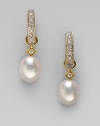 Lustrous white freshwater pearls, with dazzling diamond accents, are ready to hang from your favorite hoops. Diamonds, 0.03 tcw White freshwater pearls 18k yellow gold Drop, about ¾ Spring ring clasp Imported Please note: Earrings sold separately.