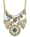 Own the night with this bib necklace from Betsey Johnson. Crafted from antique gold-tone and silver-tone mixed metal, the necklace has shining glitter and glass crystal accents, evoking a sense of lunar love. Approximate length: 16 inches + 3-inch extender. Approximate drop: 4-1/2 inches.