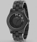 A smart black finish and a sparkle logo create drama in a watch that puts a little fun in function. Quartz movement Water-resistant to 3ATM Round stainless steel case, 40mm diameter (1.57) Black plastic dial with logo letter hour markers and rhinestone Marc Second hand Black plastic link bracelet; 20mm (.79) Imported