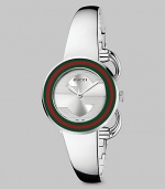 From the U-Play Collection. This streamlined stainless steel timepiece features a bezel of iconic stripes.Quartz movement Water resistant to 3 ATM Green and red bezel Round stainless steel case, 27mm, (1.06) Silver dial Anti-reflective coating Stainless steel bangle bracelet Jewelry clasp closure Made in Switzerland