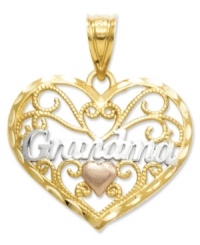 Tell her how much you care with this elegant heart charm. Inscribed with the word Grandma, this scrolling charm features a petite heart accent crafted in 14k gold, rose gold and sterling silver. Chain not included. Approximate length: 8/10 inch. Approximate width: 7/10 inch. Tell her how much you care with this elegant heart charm. Inscribed with the word Grandma, this scrolling charm features a petite heart accent crafted in 14k gold, rose gold and sterling silver. Chain not included. Approximate length: 8/10 inch. Approximate width: 7/10 inch.
