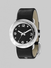 A subtly logo engraved bezel with sleek black dial and leather strap.Quartz movement Water resistant to 3 ATM Logo engraved bezel Round stainless steel case, 36mm, (1.41) Black dial Arabic numeral and dot hour markers Second hand Leather strap, 22mm, (.86) Buckle closure Imported A subtly logo engraved bezel with sleek black dial and leather strap.Quartz movement Water resistant to 3 ATM Logo engraved bezel Round stainless steel case, 36mm, (1.41) Black dial Arabic numeral and dot hour markers Second hand Leather strap, 22mm, (.86) Buckle closure Imported