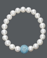 A traditional design receives a sparkling touch. Cultured freshwater pearls (8-9 mm) in shimmery white hues adorn this chic stretch bracelet, while a baby blue crystal fireball adds extra glamour. Approximate diameter: 3-1/2 inches. A traditional design receives a sparkling touch. Cultured freshwater pearls (8-9 mm) in shimmery white hues adorn this chic stretch bracelet, while a baby blue crystal fireball adds extra glamour. Approximate diameter: 3-1/2 inches.