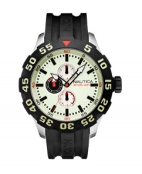 Hit the ground running. You're ready to go with this watch by Nautica. Black resin strap and round stainless steel case with black-plated turning bezel. White dial features black stick indices, minute track, three multifunctional subdials, Hit the ground running. You're ready to go with this watch by Nautica. Black resin strap and round stainless steel case with black-plated turning bezel. White dial features black stick indices, minute track, three multifunctional subdials,