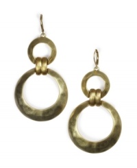 A stylish slam dunk. Crafted from gold-plated mixed metal, Jones New York's large double hoop drop earrings feature a fashionably distressed appearance. Approximate drop: 2 inches. A stylish slam dunk. Crafted from gold-plated mixed metal, Jones New York's large double hoop drop earrings feature a fashionably distressed appearance. Approximate drop: 2 inches.