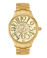 Follow Alice down the rabbit hole with this funky watch by Betsey Johnson. Gold tone stainless steel bracelet and round case. Champagne dial features swirling gold tone numerals, gold tone hour and minute hands, signature fuchsia second hand and logo. Quartz movement. Water resistant to 30 meters. Two-year limited warranty. Follow Alice down the rabbit hole with this funky watch by Betsey Johnson. Gold tone stainless steel bracelet and round case. Champagne dial features swirling gold tone numerals, gold tone hour and minute hands, signature fuchsia second hand and logo. Quartz movement. Water resistant to 30 meters. Two-year limited warranty.