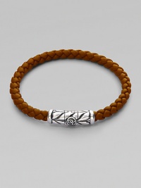 From the Weave Collection. Woven rubber is accented with an intricately engraved silver clasp.Sterling silver Rubber Width, about 5.5mm Length, about 7 Chevron clasp closure Imported From the Weave Collection. Woven rubber is accented with an intricately engraved silver clasp.Sterling silver Rubber Width, about 5.5mm Length, about 7 Chevron clasp closure Imported