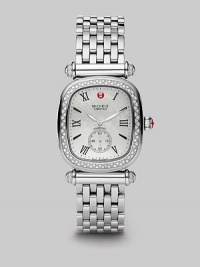 From the Caber Isle Diamond Collection. A classic style with dazzling diamonds and a lustrous mother-of-pearl dial. Quartz movement Water-resistant to 5ATM Rectangular stainless steel case, 32mm (1.25) Diamond pavé bezel and accents, .58 tcw Mother-of-pearl dial Roman numeral and index hour markers Second sub dial Stainless steel link bracelet Imported From the Caber Isle Diamond Collection. A classic style with dazzling diamonds and a lustrous mother-of-pearl dial. Quartz movement Water-resistant to 5ATM Rectangular stainless steel case, 32mm (1.25) Diamond pavé bezel and accents, .58 tcw Mother-of-pearl dial Roman numeral and index hour markers Second sub dial Stainless steel link bracelet Imported
