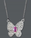 Effy Collection's whimsical butterfly pendant brings out your most lighthearted side. Crafted in 14k white gold, pendant highlights round-cut diamond wings (1/3 ct. t.w.) and a marquise-cut pink sapphire center (1/6 ct. t.w.). Approximate length: 16 inches. Approximate drop: 1/2 inch.