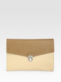 A slim design crafted in textured two-tone saffiano leather.Flap, buckle closureInterior pocket14W x 10HMade in Italy A slim design crafted in textured two-tone saffiano leather.Flap, buckle closureInterior pocket14W x 10HMade in Italy