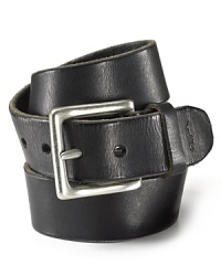 Distressed leather belt with brushed buckle and leather keeper. Logo embossed.
