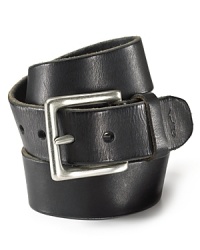 Distressed leather belt with brushed buckle and leather keeper. Logo embossed. Distressed leather belt with brushed buckle and leather keeper. Logo embossed.