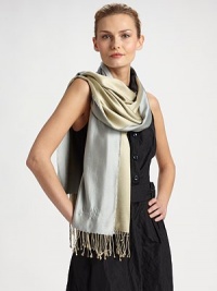 A luxurious silk design in a dual-tone style with logo embroidered detail and pretty fringe. SilkAbout 19½ X 70¾Dry cleanImported A luxurious silk design in a dual-tone style with logo embroidered detail and pretty fringe. SilkAbout 19½ X 70¾Dry cleanImported