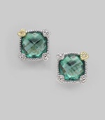 From the Linen Collection. A small cushion-cut green quartz stone shimmers in a sterling silver and 18K gold setting.Green quartz 18K gold Sterling silver Width, about ¼ Post backs Imported 