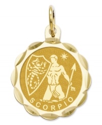 Tell everyone your sign in style! This scalloped and polished disc charm features the Scorpio Zodiac in 14k gold. Chain not included. Approximate length: 9/10 inch. Approximate width: 3/5 inch. Tell everyone your sign in style! This scalloped and polished disc charm features the Scorpio Zodiac in 14k gold. Chain not included. Approximate length: 9/10 inch. Approximate width: 3/5 inch.