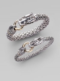 From the Naga Collection. An intricately carved dragon adds a touch of the exotic to your wrist, grasping a golden ring clasp in his mouth. Sterling silver and 18k yellow gold Diameter, about 2½ Ring clasp Made in Bali Please note: Bracelets sold separately. From the Naga Collection. An intricately carved dragon adds a touch of the exotic to your wrist, grasping a golden ring clasp in his mouth. Sterling silver and 18k yellow gold Diameter, about 2½ Ring clasp Made in Bali Please note: Bracelets sold separately.