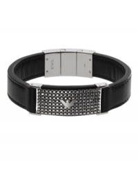 For a look that's fresh off the cover of GQ. Make a simple, yet sophisticated, statement in this stylish Emporio Armani bracelet. A mesh-textured logo plate in stainless steel stands out against a black leather band. Approximate length: 7-1/2 inches. For a look that's fresh off the cover of GQ. Make a simple, yet sophisticated, statement in this stylish Emporio Armani bracelet. A mesh-textured logo plate in stainless steel stands out against a black leather band. Approximate length: 7-1/2 inches.