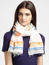 An allover, narrow, stripe design in a gauzy cotton blend. 85% cotton/15% acrylicAbout 28 X 80Dry cleanImported An allover, narrow, stripe design in a gauzy cotton blend. 85% cotton/15% acrylicAbout 28 X 80Dry cleanImported