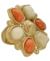 Spice up your look in the perfect summer hues. T Tahari's conversation-starting stretch ring features a unique floral pattern accented by coral and sand-colored resin stones. Set in gold tone mixed metal. Base metal is nickel free for sensitive skin. Ring stretches to fit finger.