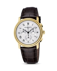 Frédérique Constant's Classic chronograph watch features an 18K gold-plated stainless steel case, guilloche-engraved silver dial, and elegant croc-embossed leather strap. Frédérique Constant's Classic chronograph watch features an 18K gold-plated stainless steel case, guilloche-engraved silver dial, and elegant croc-embossed leather strap.