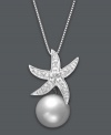 Bring a piece of the seashore with you year round! This exquisite pendant features a diamond-accented starfish that's complemented by a shimmering cultured freshwater pearl (10 mm). Setting and chain crafted in sterling silver. Approximate length: 18 inches. Approximate drop: 1 inch.