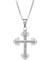 No ordinary way to express your faith, this exquisite style features intricate scrolls of sterling silver that shine with the addition of sparkling diamond accents. Approximate length: 18 inches. Approximate drop: 2-1/4 inches.