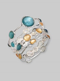 From the Wonderland Collection. Five faceted doublet stones, in the rich warm color of golden honey, combine color-backed mother-of-pearl and faceted clear quartz, set on a bangle of hammered sterling silver.Mother-of-pearl and clear quartzSterling silverDiameter, about 2½ImportedPlease note: Bracelets sold separately. From the Wonderland Collection. Five faceted doublet stones, in the rich warm color of golden honey, combine color-backed mother-of-pearl and faceted clear quartz, set on a bangle of hammered sterling silver.Mother-of-pearl and clear quartzSterling silverDiameter, about 2½ImportedPlease note: Bracelets sold separately.