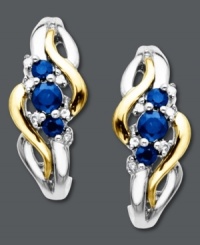 Complete elegance. J-hoops adorned with sparkling round-cut sapphires (1/2 ct. t.w.) and diamonds (1/3 ct. t.w.) make any look extraordinary. Crafted in sterling silver and 14k gold. Approximate diameter: 1/2 inch. Complete elegance. J-hoops adorned with sparkling round-cut sapphires (1/2 ct. t.w.) and diamonds (1/3 ct. t.w.) make any look extraordinary. Crafted in sterling silver and 14k gold. Approximate diameter: 1/2 inch.