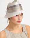 Sophisticated asymmetric design with pleated silk band.StrawWide silk bandGraduated brim from 1¼ to 3Spot cleanMade in Italy