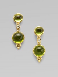 A graduated, two drop design with a dazzling diamond link. PeridotDiamonds, .06 tcw18k goldDrop, about 1Post backMade in Italy A graduated, two drop design with a dazzling diamond link. PeridotDiamonds, .06 tcw18k goldDrop, about 1Post backMade in Italy
