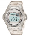 Clearly chic, this Baby-G watch will add to your style, anytime. Clear resin strap and round case. Shock-resistant, digital display dial with backlight, world time, counter, alarms, countdown, stopwatch, calendar and logo. Quartz movement. Water resistant to 200 meters. One-year limited warranty.