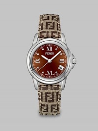 From the Fendi Loop Collection. A signature timepiece in sleek stainless steel with an iconic woven, leather backed strap. Swiss quartz movementWater resistant to 5 ATMRound stainless steel case, 37mm (1.4)Smooth bezelBrown dialRoman numeral and dot hour markersDate display at 4 o'clockSecond hand Signature woven, leather backed strap, 20mm wide (0.7)Made in Switzerland 