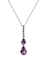 Polish your look with not one, but two, brilliant pops of color! Judith Jack's stunning y-shaped necklace feature two pear-cut amethyst drops (3-3/8 ct. t.w.) and glittering marcasite at the bail (1/5 ct. t.w.). Set in sterling silver. Approximate length: 16 inches. Approximate drop: 1-5/8 inches. Polish your look with not one, but two, brilliant pops of color! Judith Jack's stunning y-shaped necklace feature two pear-cut amethyst drops (3-3/8 ct. t.w.) and glittering marcasite at the bail (1/5 ct. t.w.). Set in sterling silver. Approximate length: 16 inches. Approximate drop: 1-5/8 inches.