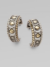 From the Naga Collection. Striking half hoops combine dots and arcs, sterling silver and 18k gold, in a design that feels both tribal and modern.Sterling silver and 18k yellow gold Drop, about 1 Post back Made in Bali From the Naga Collection. Striking half hoops combine dots and arcs, sterling silver and 18k gold, in a design that feels both tribal and modern.Sterling silver and 18k yellow gold Drop, about 1 Post back Made in Bali