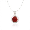 925 Sterling Silver Red Bamboo Coral Inlay Round Pendant Necklace 18''