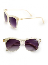 Retro cat's-eye shaped frames are reinvented for a cool, fashion savvy look. Available in mother-of-pearl-colored acetate with smoke gradient lens or shiny black with with black gradient lens. Metal temples100% UV protectionImported Retro cat's-eye shaped frames are reinvented for a cool, fashion savvy look. Available in mother-of-pearl-colored acetate with smoke gradient lens or shiny black with with black gradient lens. Metal temples100% UV protectionImported