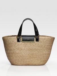 Woven straw design pairs with lustrous leather trim in this roomy carryall.Leather double top handles, 6 dropFlap-lock closureOne inside zip pocketFully lined13W X 11H X 5¼DMade in Italy Woven straw design pairs with lustrous leather trim in this roomy carryall.Leather double top handles, 6 dropFlap-lock closureOne inside zip pocketFully lined13W X 11H X 5¼DMade in Italy