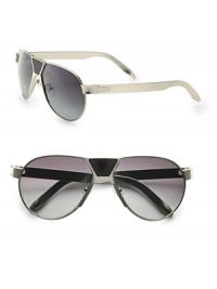 The iconic aviator gets an update, in titanium with a stylish faux leather detail. Available in shiny black with green gold flash mirror lens, or brushed silver with gradient smoke lens.UV 400 lensImported The iconic aviator gets an update, in titanium with a stylish faux leather detail. Available in shiny black with green gold flash mirror lens, or brushed silver with gradient smoke lens.UV 400 lensImported
