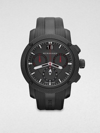A technical timepiece in brushed and polished black ion-plated stainless steel and sporty rubber. Quartz movementWater resistant to 5 ATMRound black ion-plated stainless steel case, 46mm (1.8)Textured bezelGunmetal-finished chronograph dialBar hour markersDate display at 12 o'clockSecond hand Logo accented rubber strapMade in Switzerland A technical timepiece in brushed and polished black ion-plated stainless steel and sporty rubber. Quartz movementWater resistant to 5 ATMRound black ion-plated stainless steel case, 46mm (1.8)Textured bezelGunmetal-finished chronograph dialBar hour markersDate display at 12 o'clockSecond hand Logo accented rubber strapMade in Switzerland