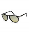 This black style by Persol features crystal, gradient, green photochromic polarized lenses. Photochromic polarized lenses provide clear vision while blocking glare and adapting to any type of light, indoors and out. This frame also folds in three places (nose bridge, temple, half-way at the arm) to be more compact.