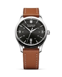 Brown leather meets a bold black dial on Victorinox's classically styled chronograph. With a convenient date window, this sleek watch is as easy to wear as it is smart. Brown leather meets a bold black dial on Victorinox's classically styled chronograph. With a convenient date window, this sleek watch is as easy to wear as it is smart.