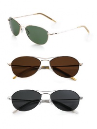 A modern rendition of the classic, in gold with emerald lens, gold with Java lens, or silver with midnight lens.High-quality metal frame Polarized lenses for enhanced visibility 100% UV protection 6 base lens curve Silicone nose pads and temple tips Imported A modern rendition of the classic, in gold with emerald lens, gold with Java lens, or silver with midnight lens.High-quality metal frame Polarized lenses for enhanced visibility 100% UV protection 6 base lens curve Silicone nose pads and temple tips Imported