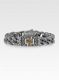 Finely-crafted sterling silver links are intricately engraved and accented with a handsome, 18K gold cross accent. From the UnKaged Collection Signature dual-locking clasp About 8½ long Made in USA Finely-crafted sterling silver links are intricately engraved and accented with a handsome, 18K gold cross accent. From the UnKaged Collection Signature dual-locking clasp About 8½ long Made in USA