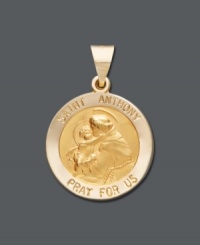 A beautifully-crafted pendant of Saint Anthony makes the perfect confirmation or communion gift. Crafted in 14k gold, pendant features the engraved words Saint Anthony and Pray for us. Approximate length: 3/4 inch.